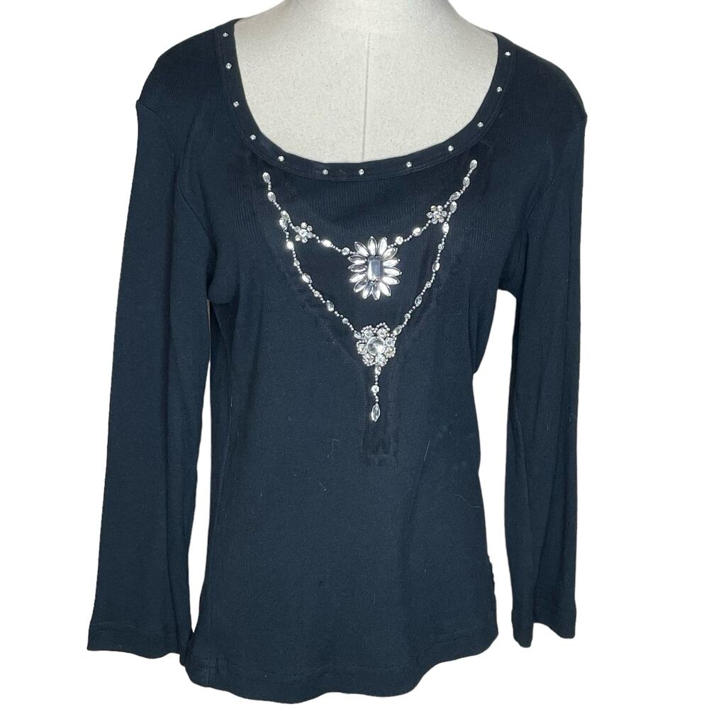 Cha Cha Vente Women’s Size XL Black Ribbed Knit Bejeweled Top Made in USA